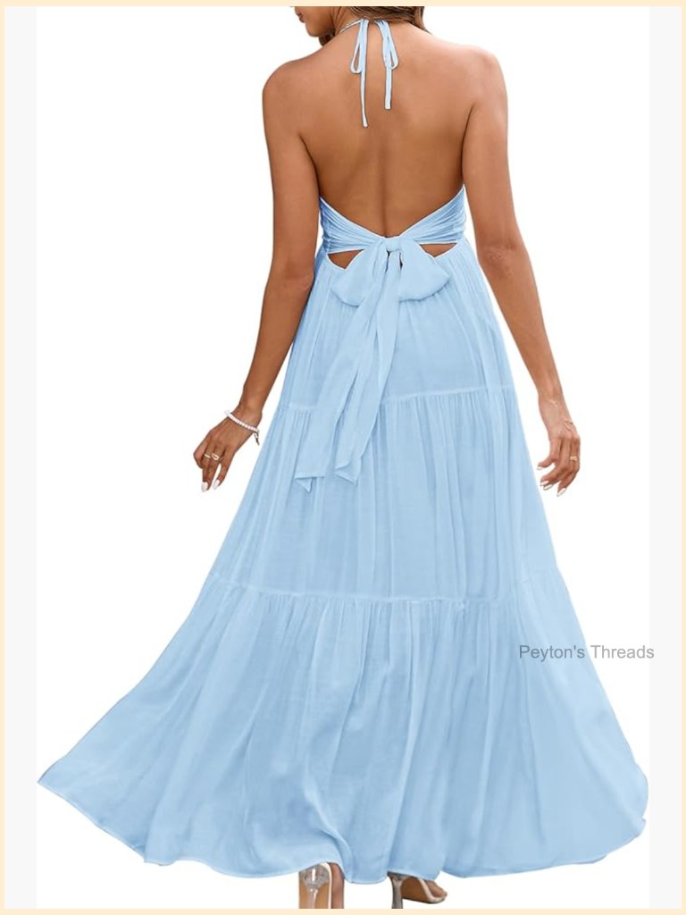 Halter V Neck Backless Bow Maxi Dress Flowy Ruffle Sundress